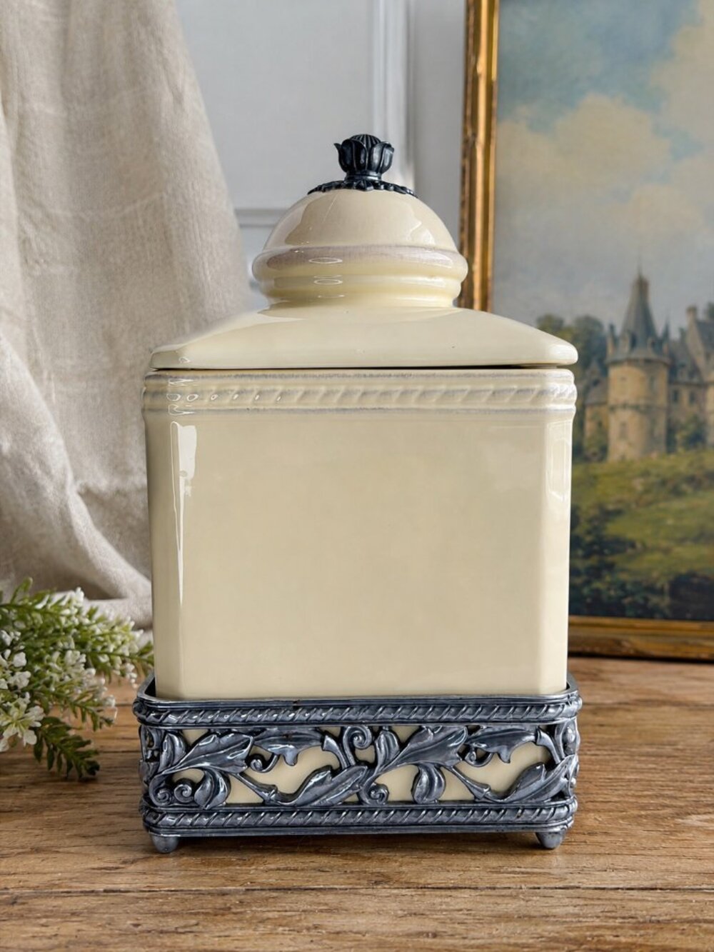 Biltmore For Your Home Ceramic Canister w/ Ornate Metal Scroll Base & Lid Cream